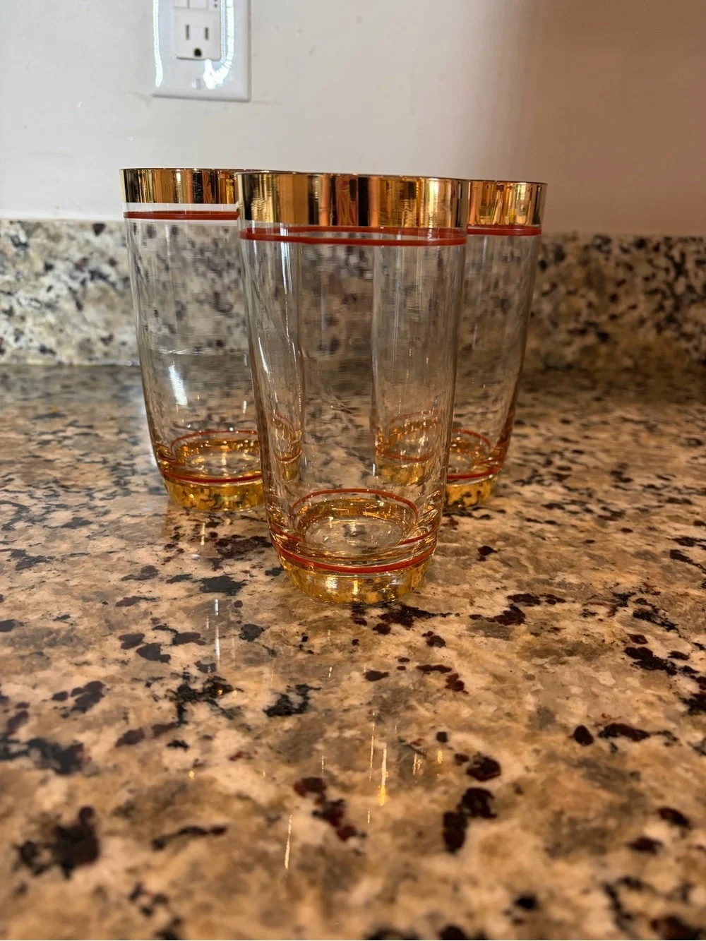 Vintage Mid-Century Modern clear glass highball tumblers gold accents